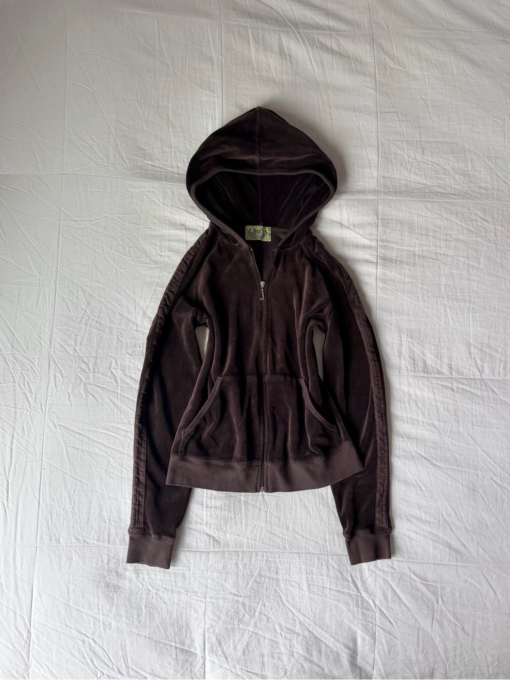 Vintage Y2K Juicy Couture Brown Velour Striped Sleeve Zip Up Hoodie Size L